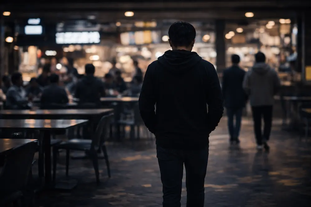 寸借詐欺でお金を渡したあとフードコートを歩いて帰る男性