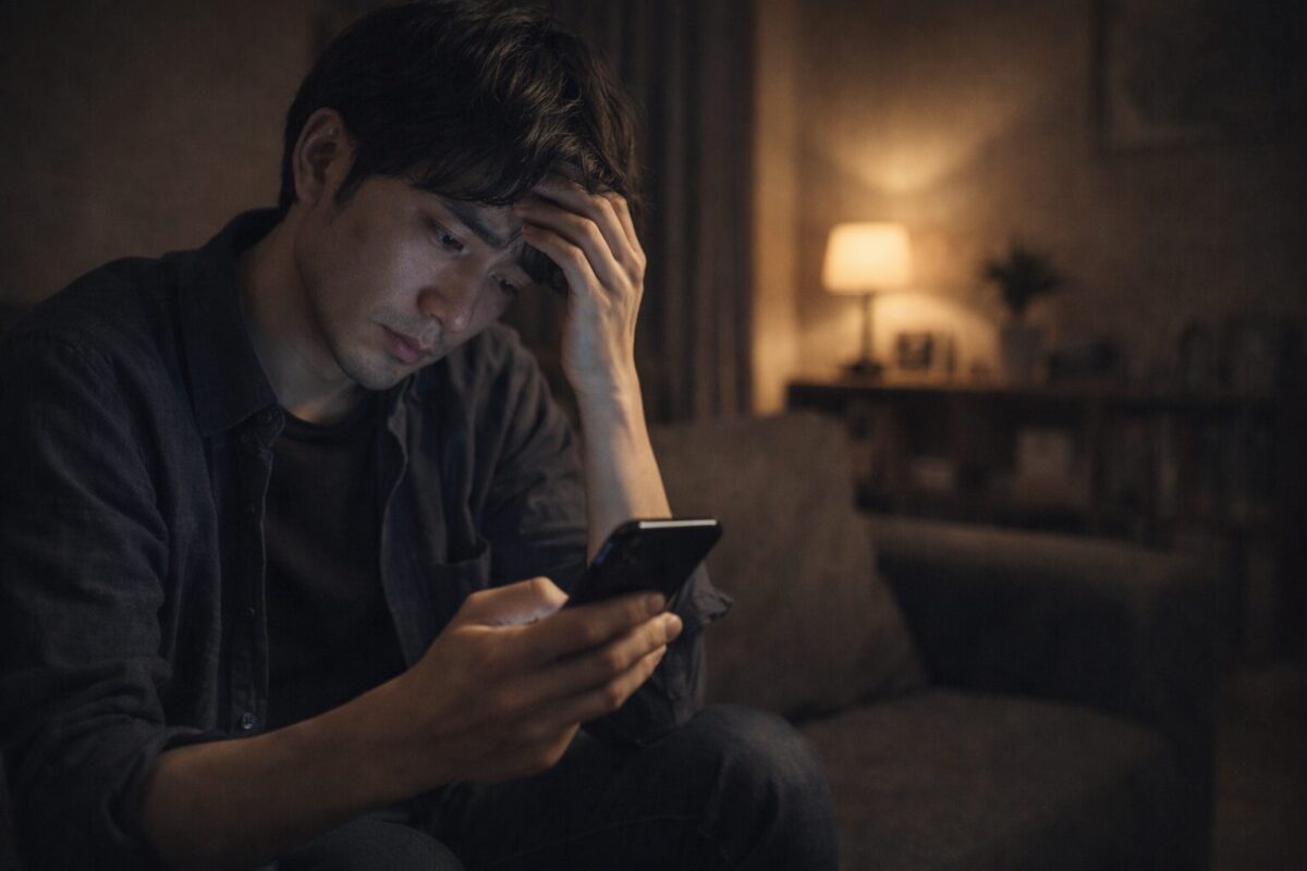 寸借詐欺の被害後、スマホを見ながら相談するか迷っている男性の様子