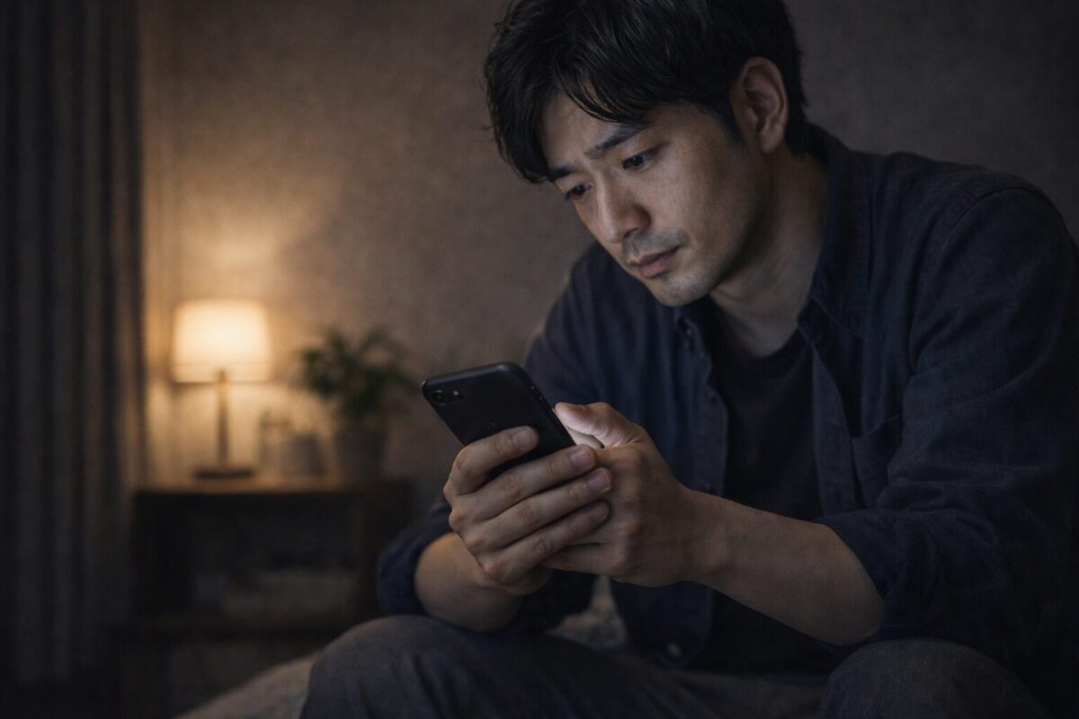 寸借詐欺に遭い夜にスマホを握りしめて不安になる男性のイメージ