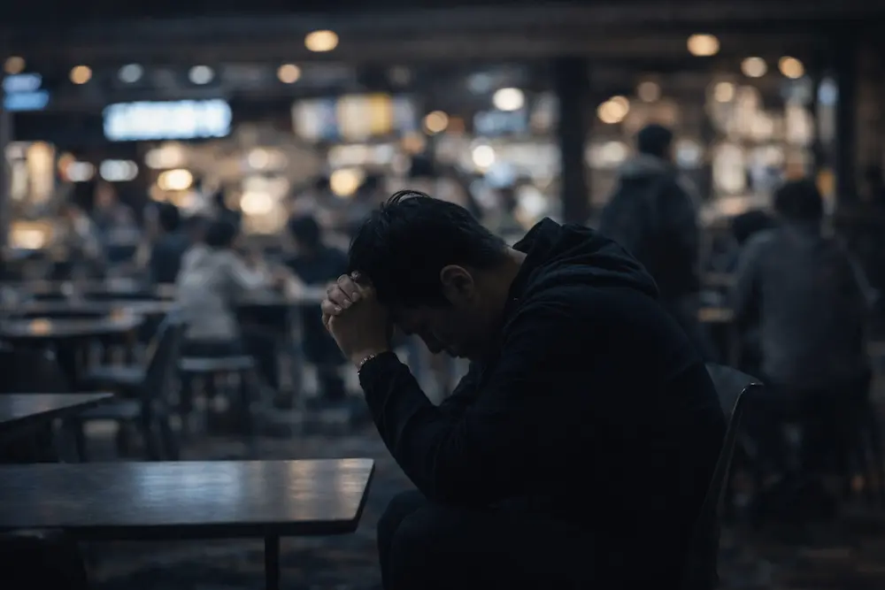 岡山イオンのフードコートで後悔する男性