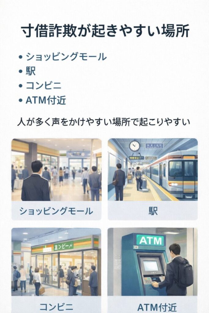 寸借詐欺が起きやすい場所(ショッピングモール・駅・コンビニ・ATM付近)
