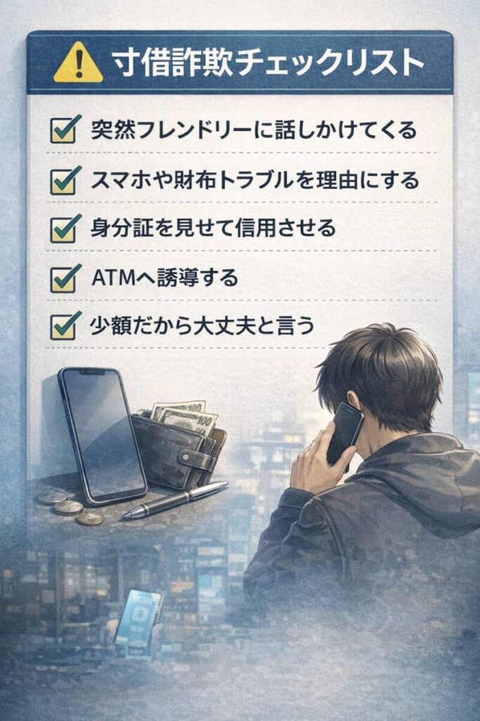 寸借詐欺チェックリスト|ATM誘導・スマホ故障を理由にお金を借りる詐欺の手口