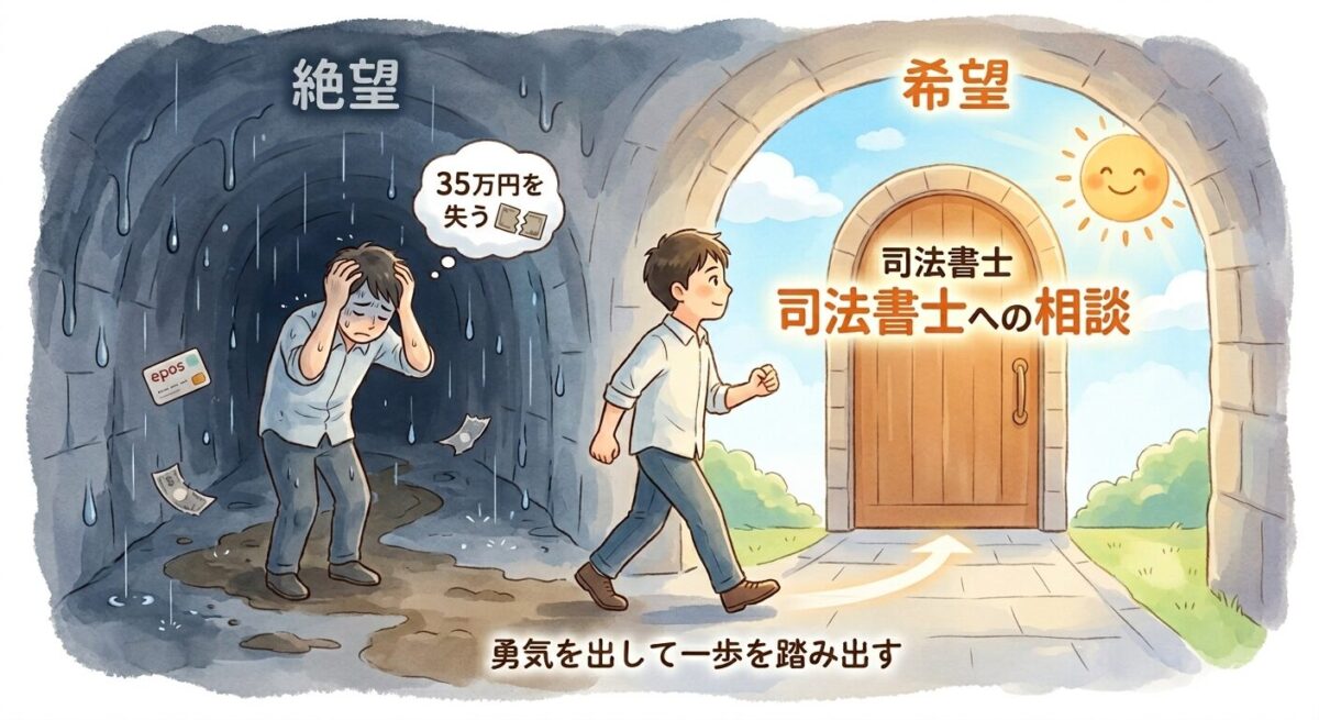 副業詐欺で35万円を失い絶望していたヒロキが、勇気を出して司法書士への相談という希望の光へ一歩踏み出すイラスト