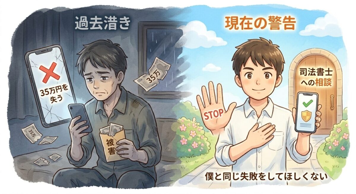 35万円を失い絶望したヒロキが、読者に向かって副業詐欺への強い警告を出すイラスト