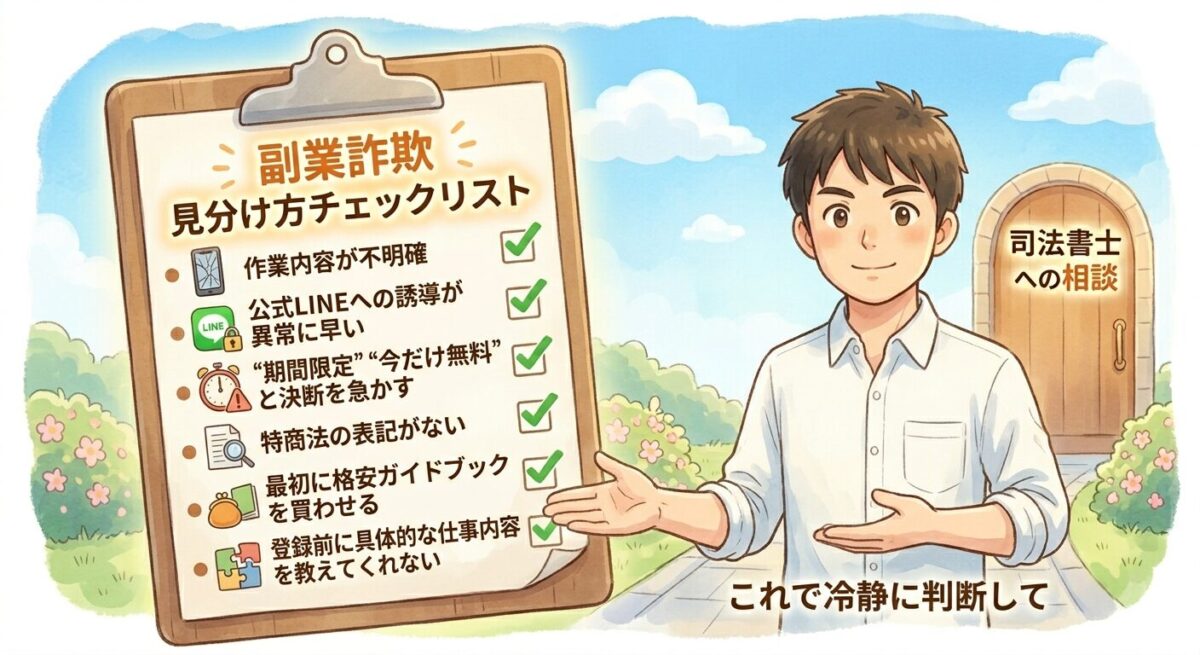 15記事目で前向きになったヒロキが、大きなボードを持って、副業詐欺の典型的な手口を冷静にチェックしているイラスト