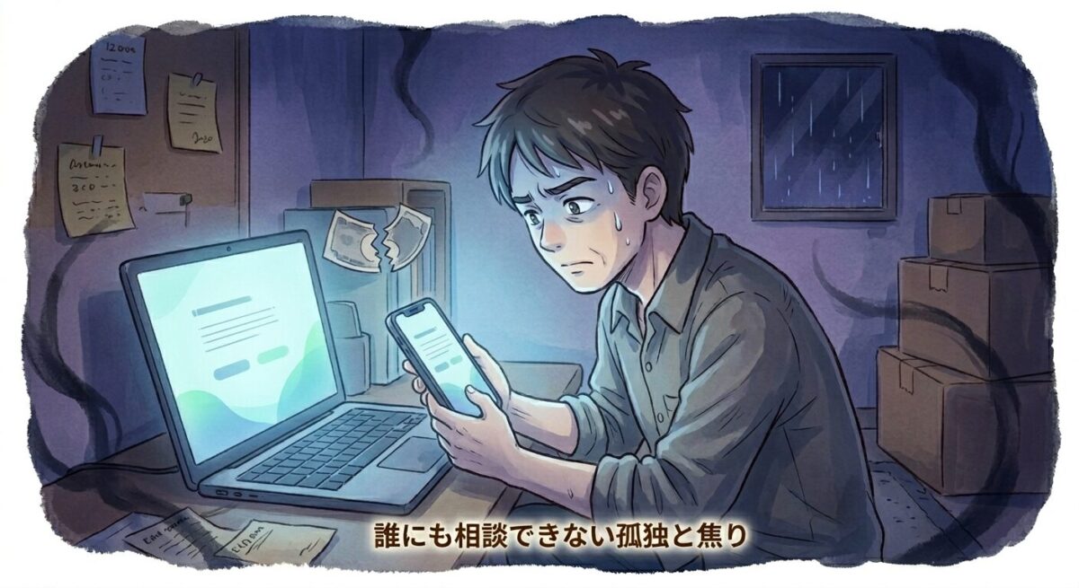 薄暗い部屋でスマホとPCの甘い言葉に照らされ、孤独と焦りの中で副業詐欺に騙されていくヒロキのイラスト