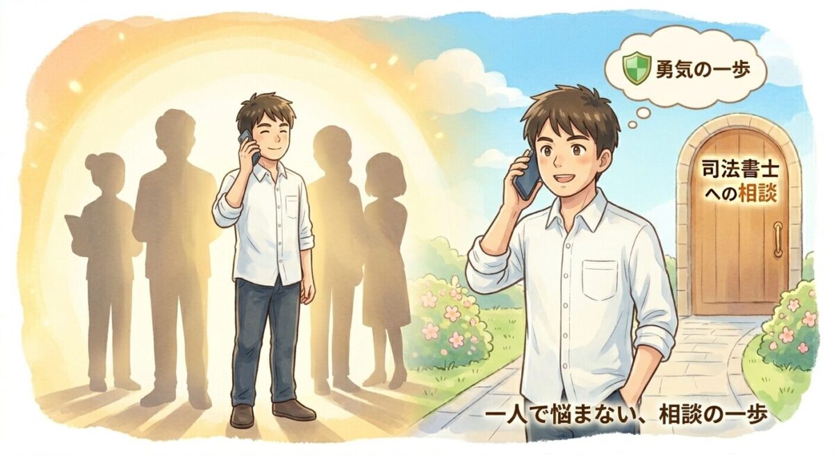 3枚目の孤独な暗闇から抜け出し、晴れやかな表情で専門家に電話相談するヒロキと、彼を温かく支える人々の影のイラスト