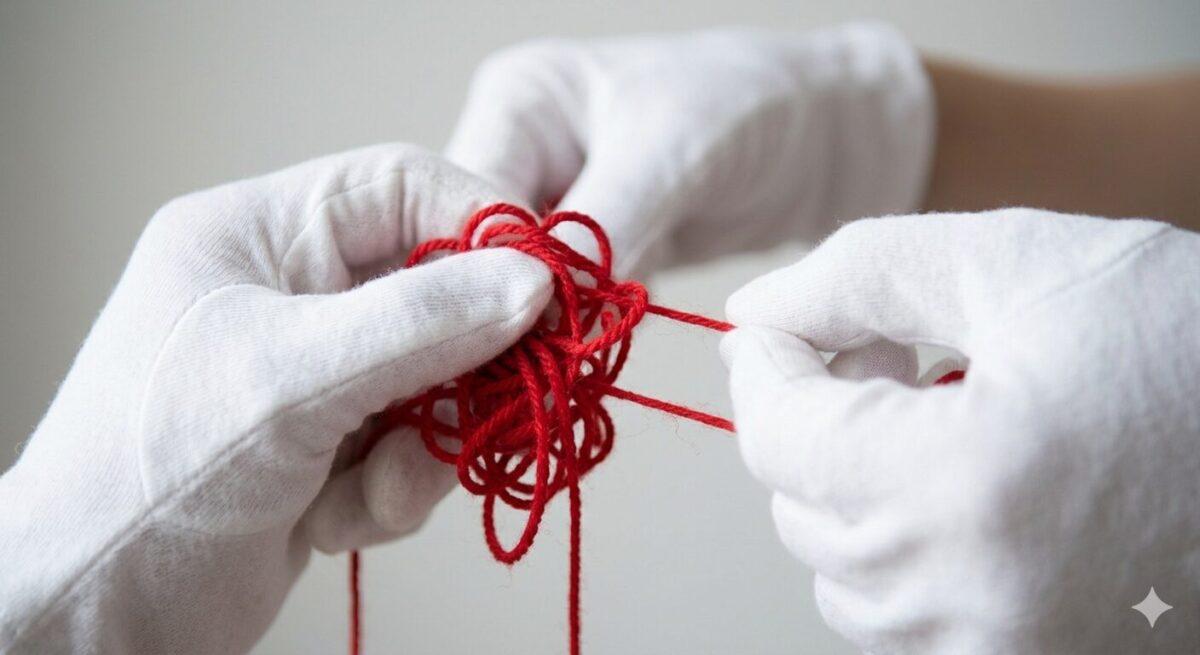 副業詐欺で絶望し、絡まった赤い糸を白い手袋をした手が優しく丁寧に解きほぐす様子。