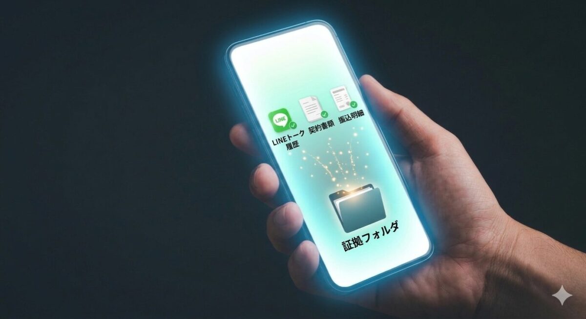 暗い背景の中に、スマートフォンの画面が明るく光り輝いている。画面には「LINEトーク履歴」「契約書類」「振込明細」と書かれた画像が映し出されており、それらを「証拠フォルダ」へ守るように収める様子。スマートフォン全体が青白く光り、まるで強力な「武器」であるかのような存在感を放っている。