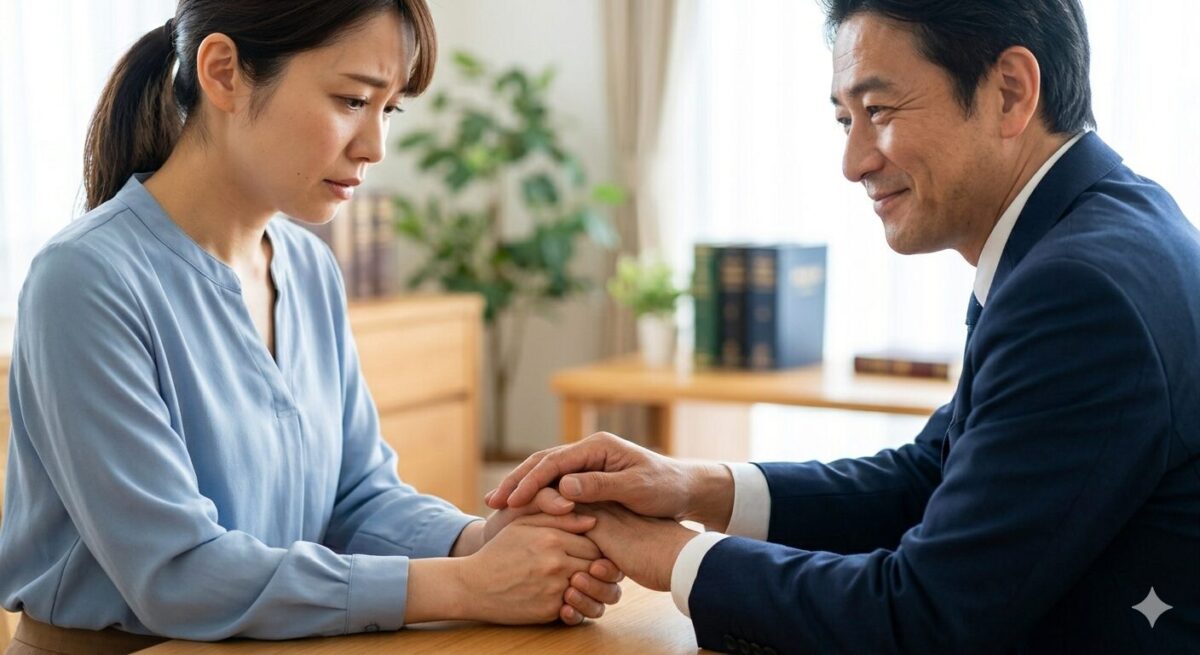 不安そうに縮こまった手の上に、大きく温かそうな手がそっと重ねられ、安心感を伝えようとしている。副業詐欺で絶望した状態から希望を見出す様子を表現。