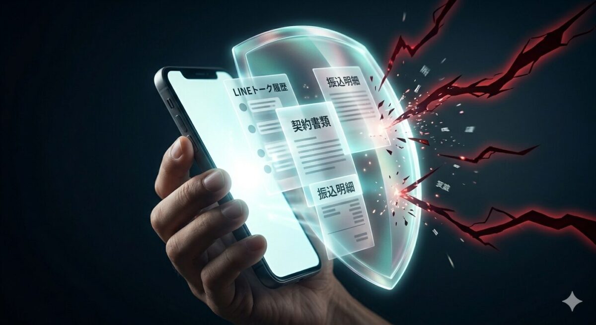 副業詐欺の証拠となるLINEトーク履歴、契約書類、振込明細が光り輝く盾となり、外部からの攻撃を跳ね返している様子。