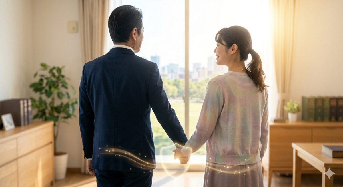 副業詐欺の返金相談を終え、誠実な司法書士にエスコートされながら光が差し込む出口へと歩み出す様子。絶望から希望ある未来への一歩を表現。