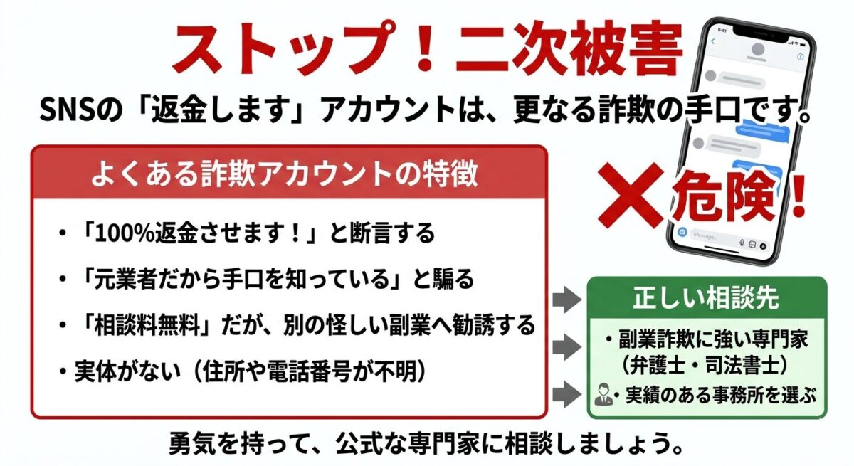 SNS上の「副業詐欺の返金します」アカウントによる二次被害を警告する図解。詐欺アカウントの特徴(100%返金を断言、元業者を自称など)と、正しい相談先(専門家、実績のある事務所)を解説。