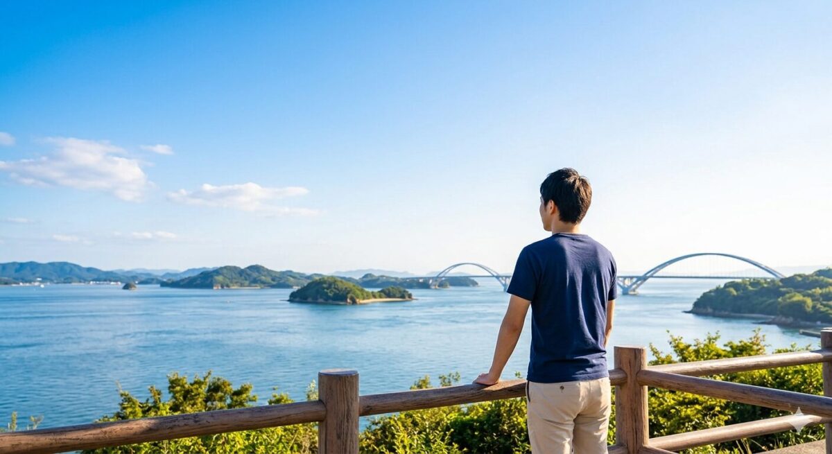 副業詐欺の返金問題を解決し、平穏な日常を取り戻して海を眺める男性の後ろ姿。不安から解放された希望ある未来のイメージ。