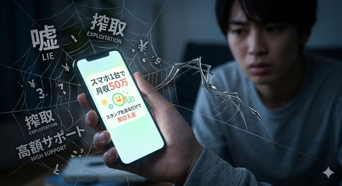 スマートフォンの画面に映る「月収50万」という副業広告の背後に、クモの巣と「嘘」「搾取」という文字が浮かび上がり、罠であることを示唆しているイメージ画像。