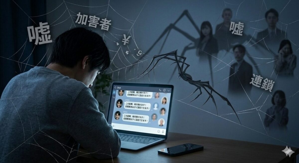 暗い部屋でPC画面を見つめる男性が、自分が被害者であるだけでなく、知らないうちに新しい被害者(カモ)を探す「加害者」の糸を操るクモのような役割をさせられていることに気づき、戦慄しているイメージ画像。クモの糸は背後の名もなき人々へ伸びている。