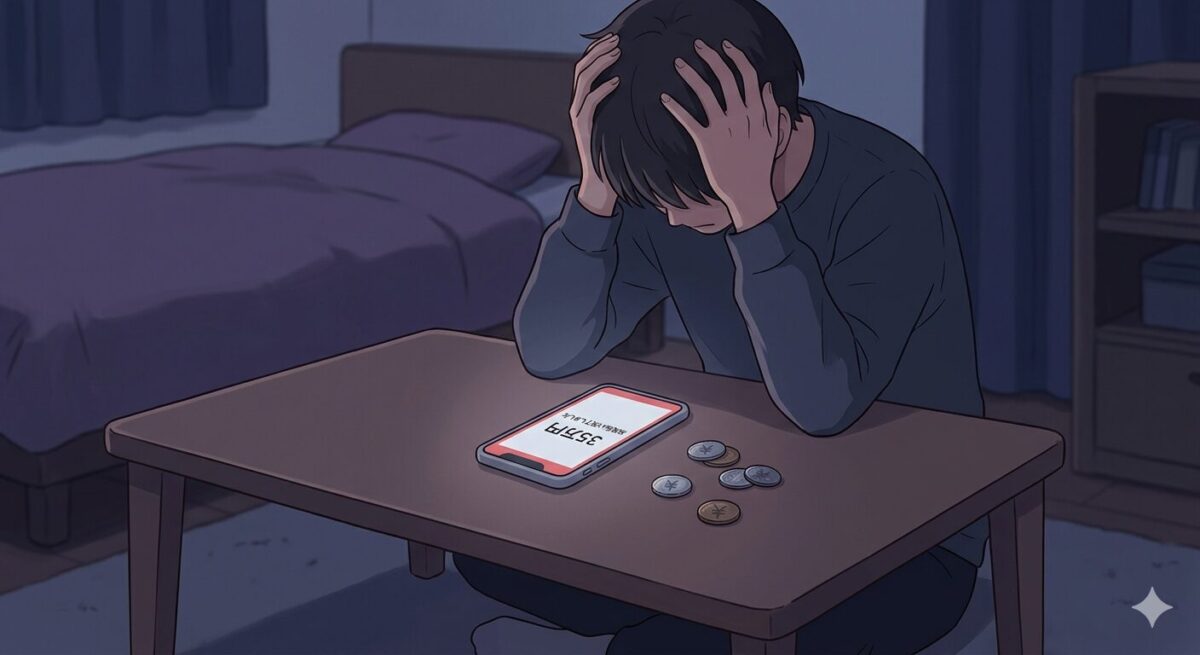暗い部屋でスマホを前に頭を抱えて絶望する男性のイラスト。スマホ画面には「35万円 お支払い完了しました」という副業詐欺の決済通知が表示されている。被害に遭った直後の孤独と後悔を表現。