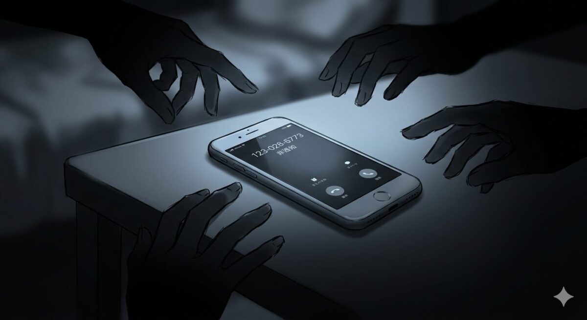 モノクロ調の不気味な空間で、机の上のスマホに「非通知」の着信があるイラスト。闇から伸びる複数の黒い手のシルエットがスマホを追い詰めており、巧妙な電話勧誘の罠を警告している。