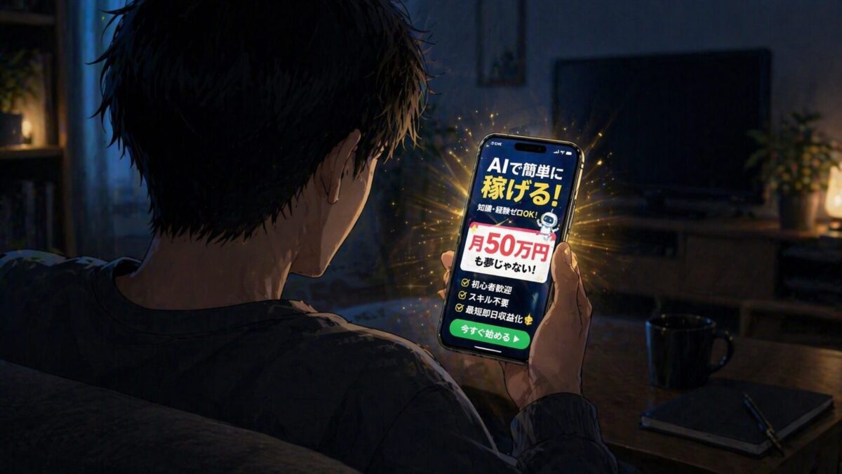 AI副業広告をスマホで見て興味を持つ男性のイラスト