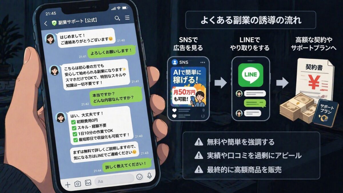 AI副業のLINE勧誘メッセージとSNSから高額契約までの流れを示したイラスト