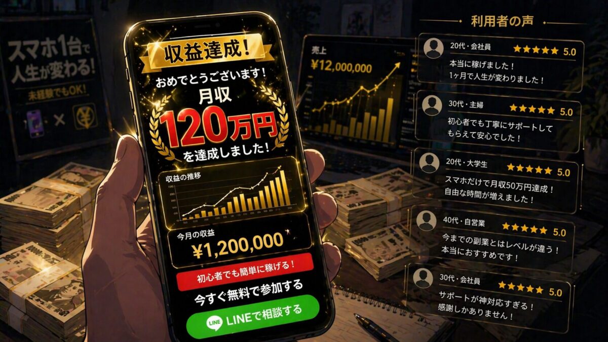 高収益アピールや口コミが並ぶAI副業詐欺のイメージイラスト