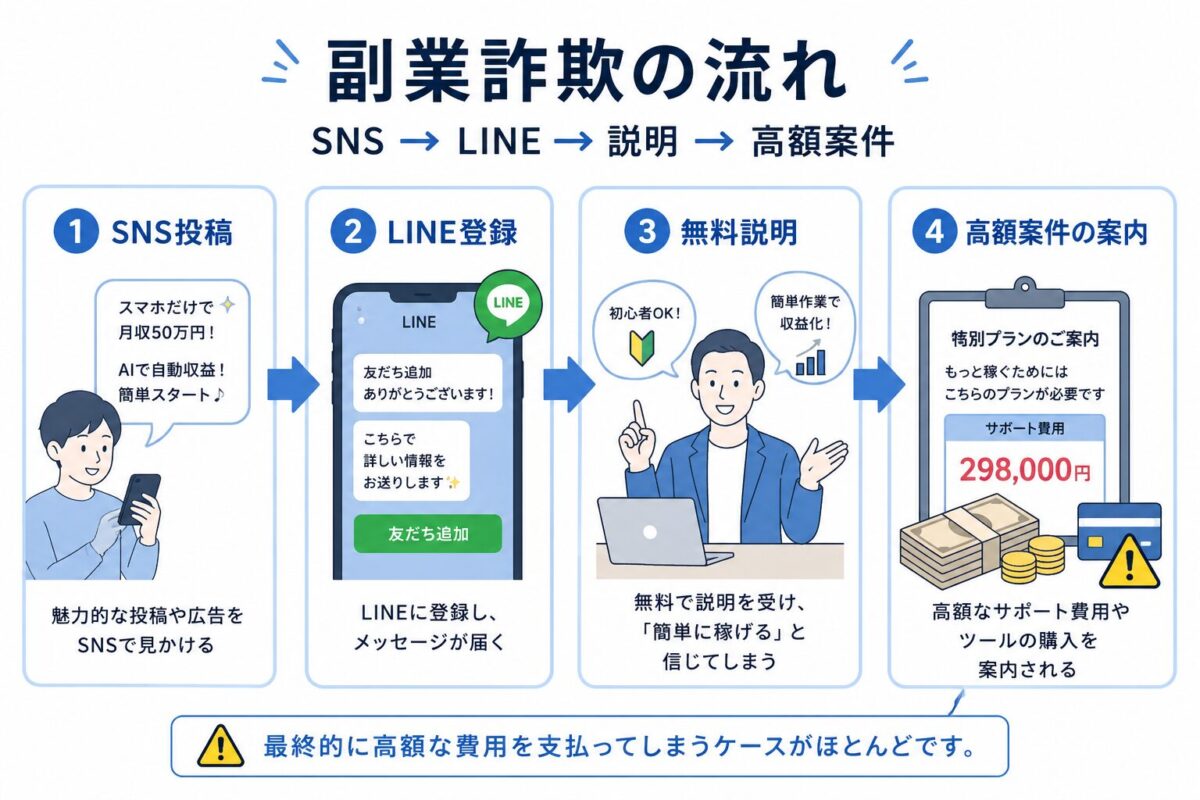 AI副業詐欺の流れ(SNS→LINE登録→無料説明→高額案件)の図解
