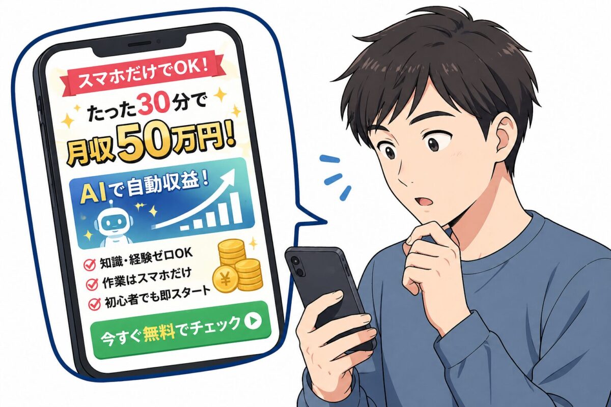 スマホだけで月収50万円などの怪しいAI副業広告のイメージ