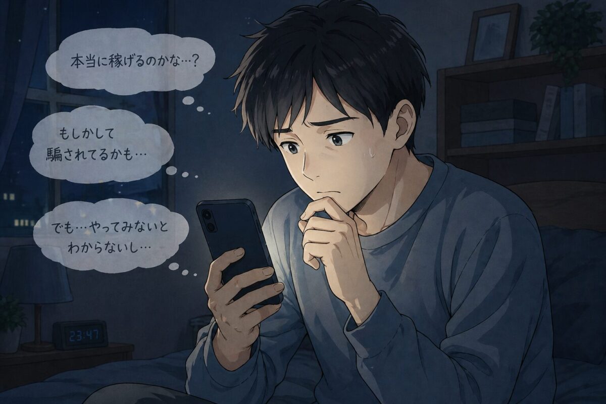 副業を始めるか迷いスマホを見ながら不安になっている男性のイラスト