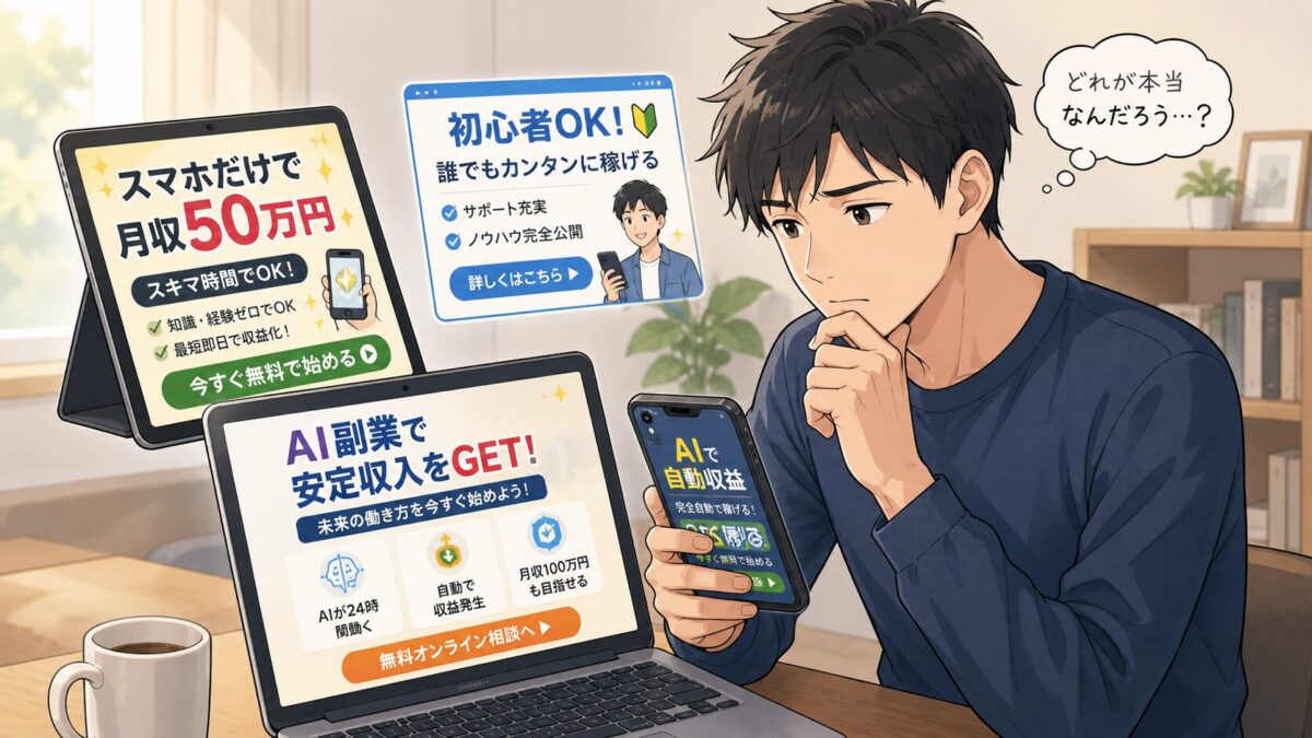 副業広告を見比べて迷っている男性のイラスト AI副業の不安と判断に悩む様子