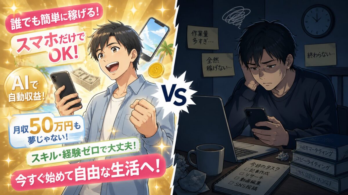 副業詐欺に引き込まれそうになりスマホを見つめて悩む男性のイラスト