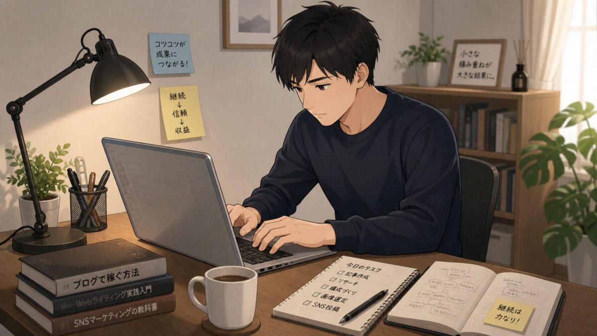 AI副業の現実 コツコツ作業する男性