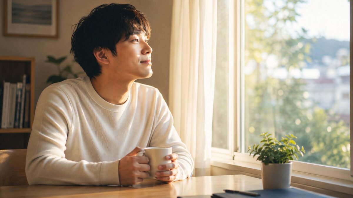 情報商材詐欺で不安を感じながらも冷静になろうとしている男性のイメージ