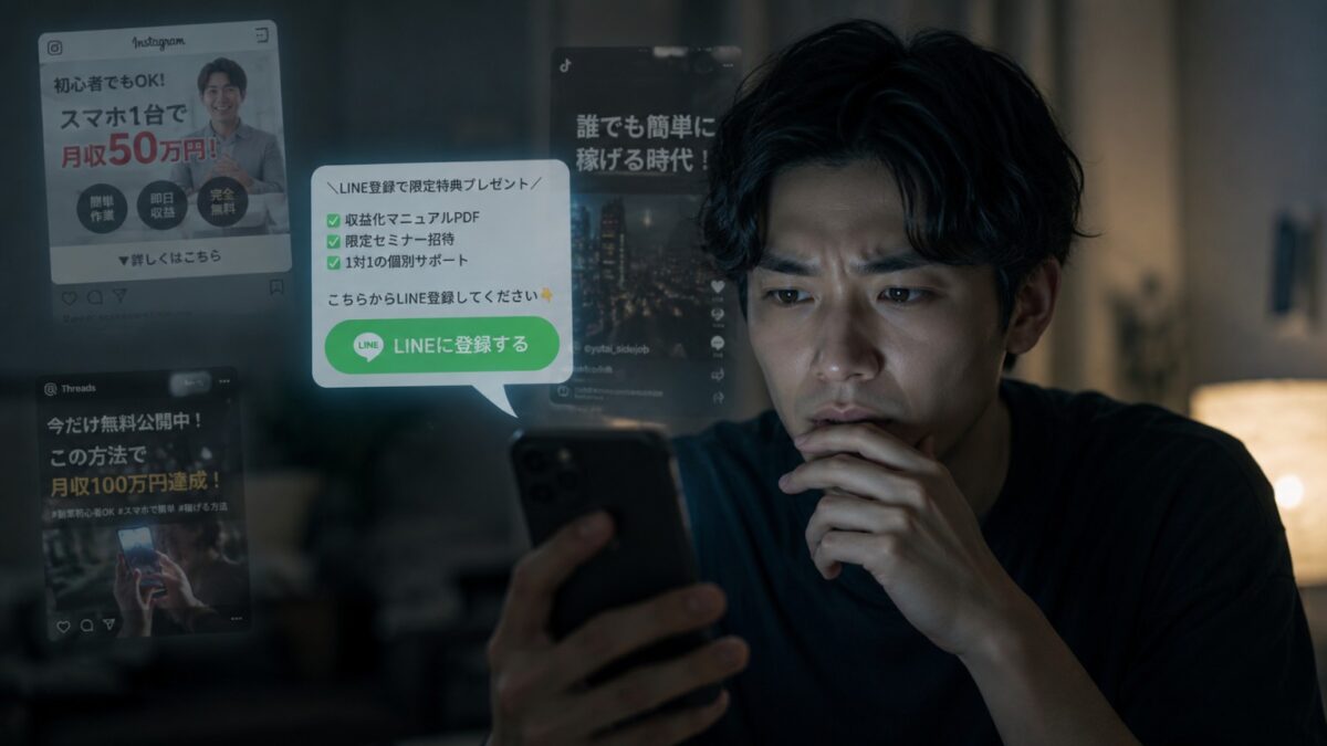 SNS広告からLINE登録へ誘導され困惑する男性のイメージ