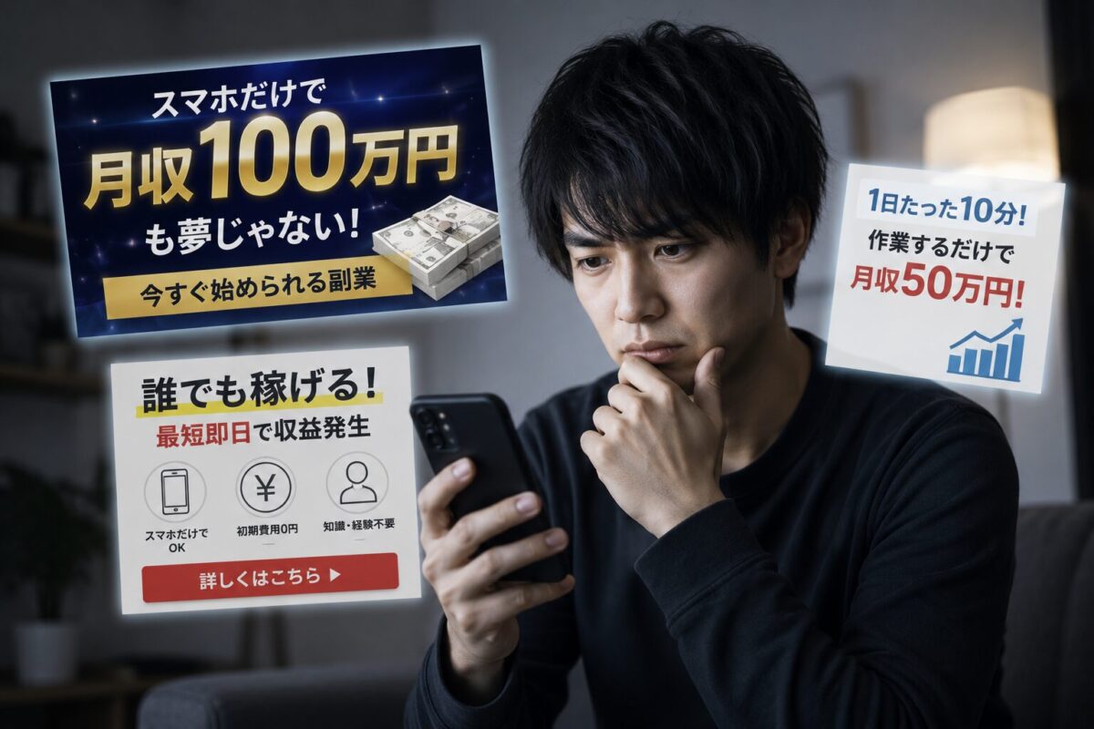 高収入をうたうSNS広告を見て不安そうにスマホを見る男性