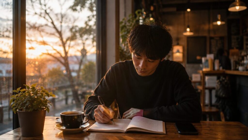 カフェで気持ちを整理する男性のイメージ
