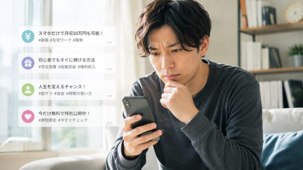 スマホで副業情報を見ながら不安と期待を感じる男性