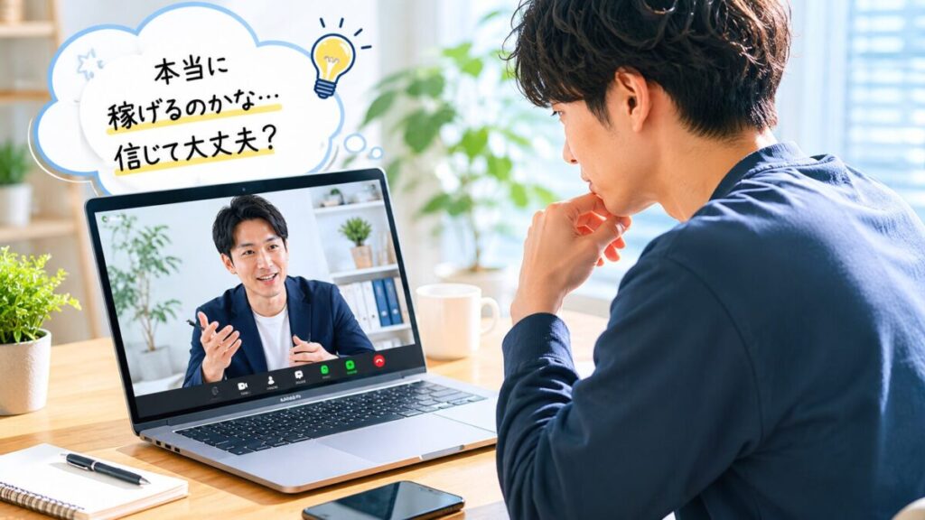オンライン説明会で副業の話を聞いている男性