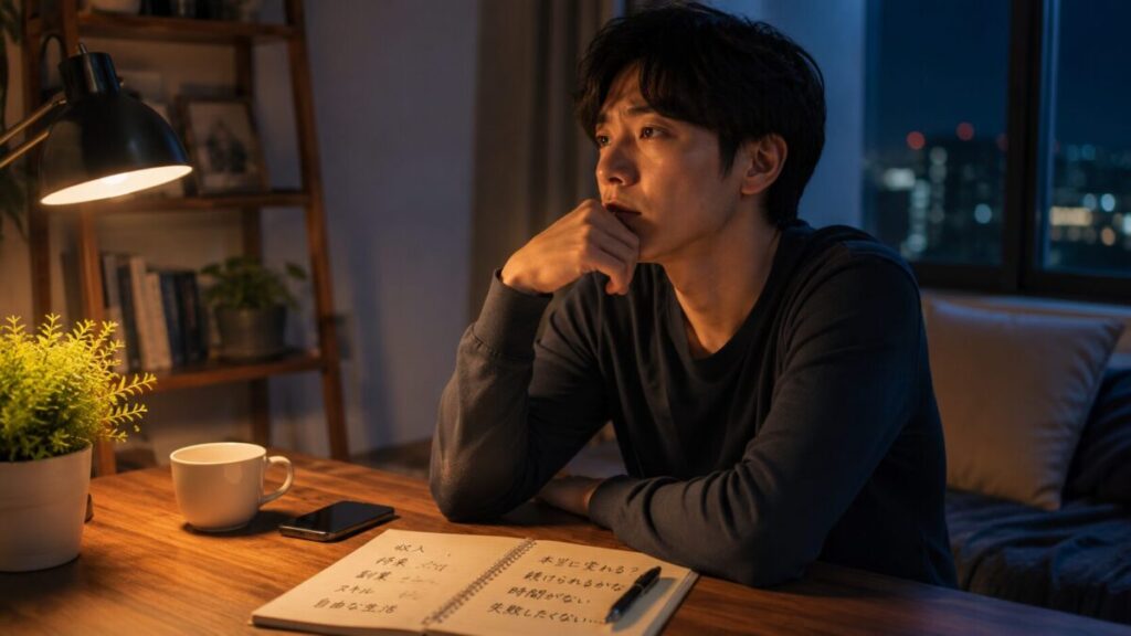 将来や収入への不安を抱えて考え込む男性