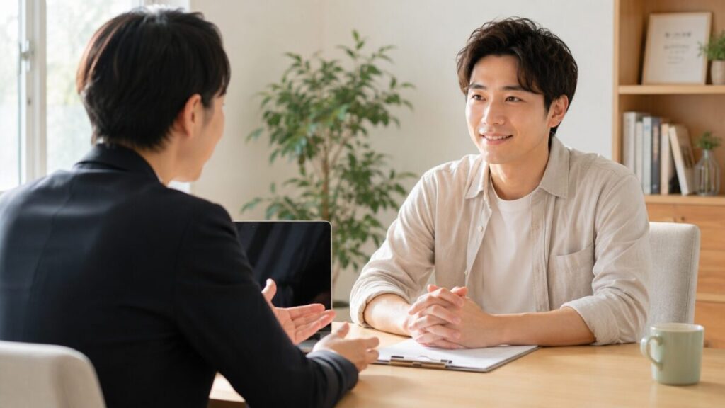 専門家へ相談し安心した表情を見せる男性