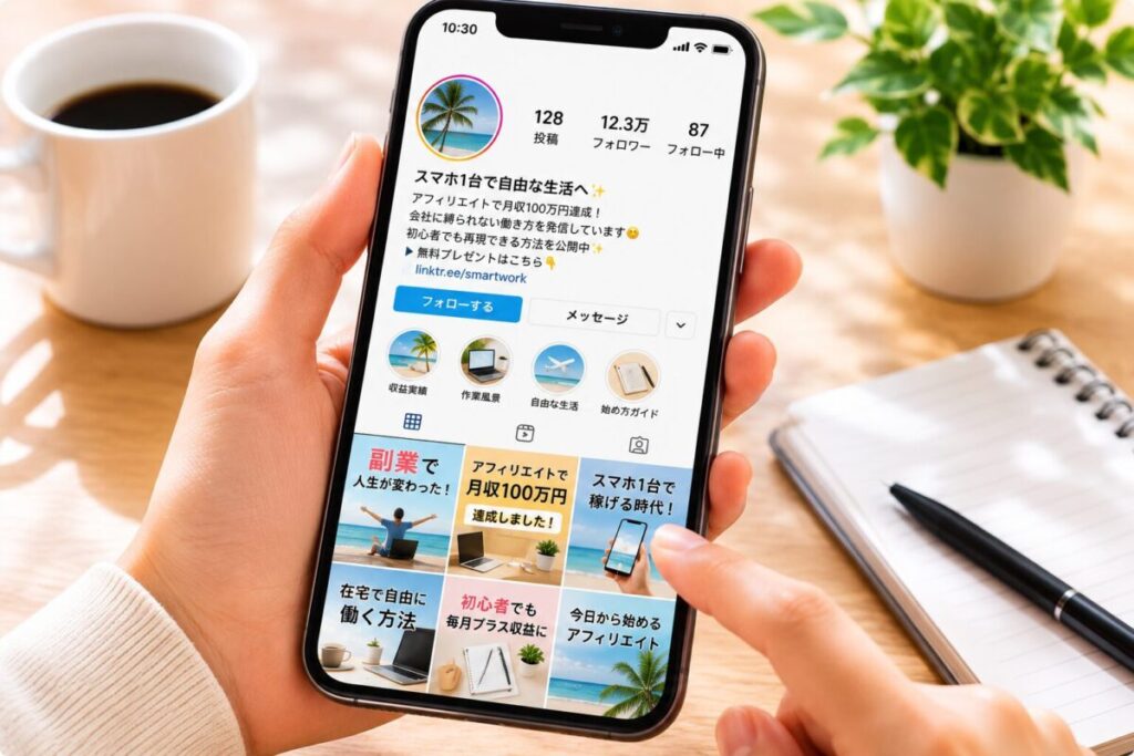 フォロワー数の多いSNSアカウントを見て副業情報を確認する様子