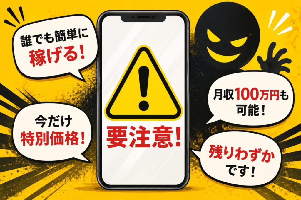 SNS副業詐欺の特徴を表現した注意喚起イラスト