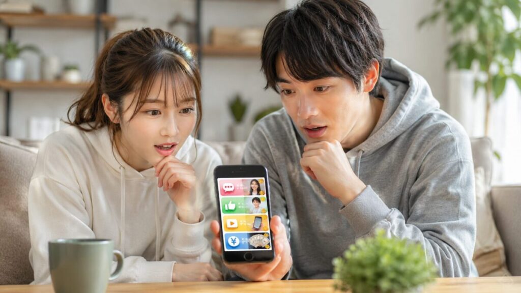 スタンプ送るだけ副業の広告をスマートフォンで見て興味を持つ男女のイメージ