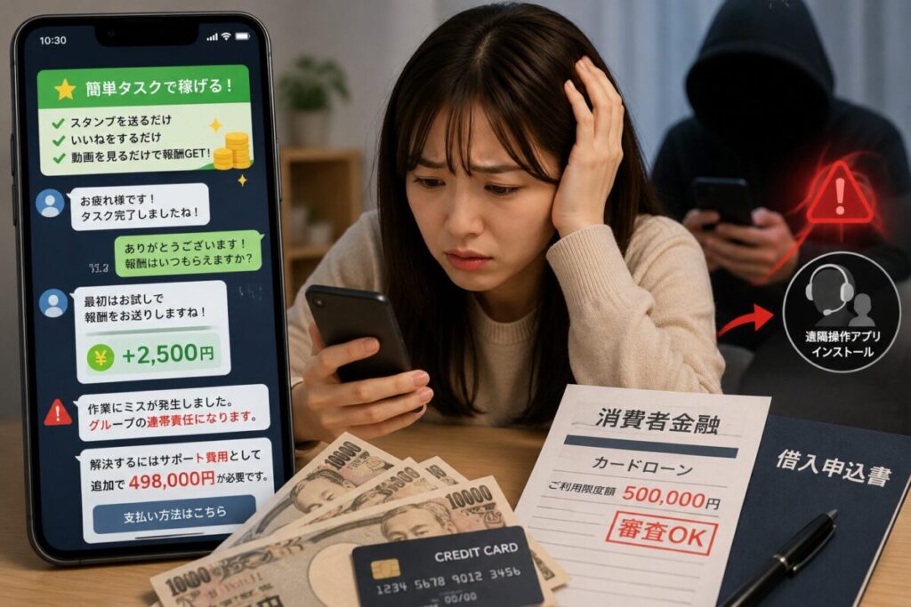 スタンプ送るだけ副業で少額報酬の後に高額請求を受ける副業詐欺のイメージ