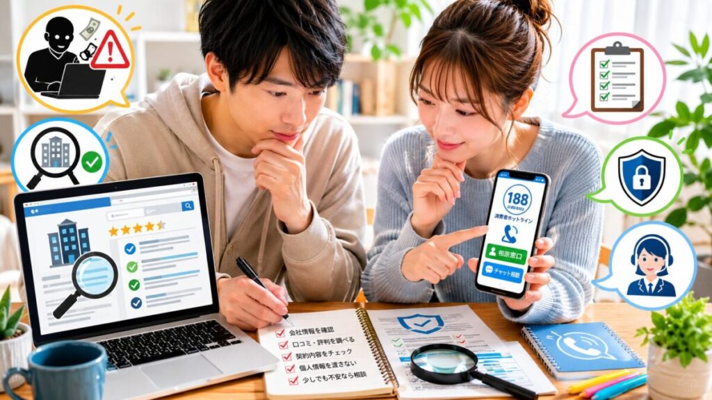 副業詐欺を防ぐために会社情報や相談窓口を確認している男女のイメージ